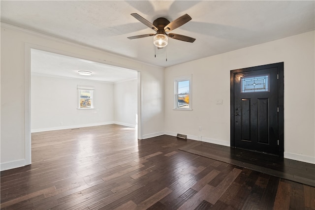 foyer featuring dark hardwood / wood-style floors, ceiling fan, and a wealth of natural light