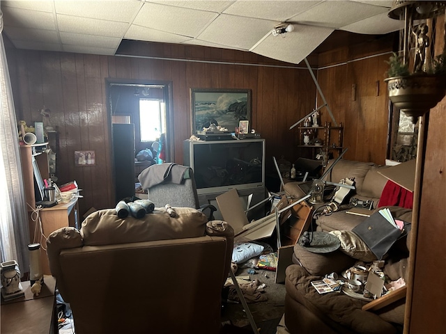 miscellaneous room with lofted ceiling and wooden walls