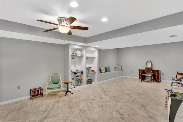 recreation room with ceiling fan