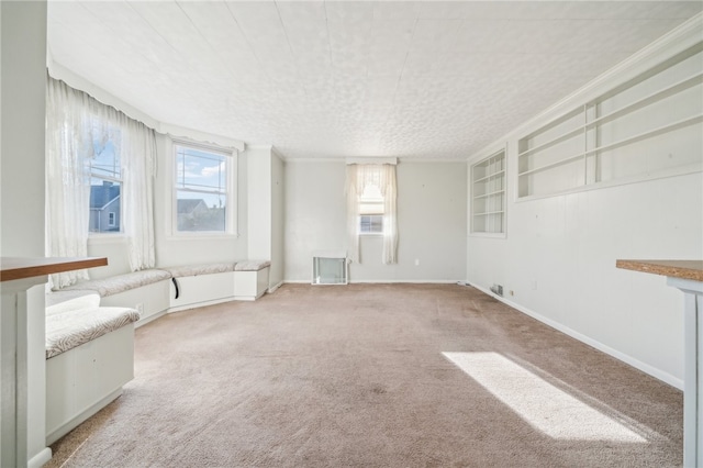 unfurnished living room with crown molding, carpet floors, and a textured ceiling