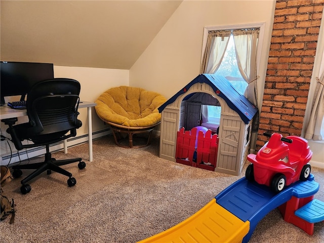 office featuring carpet and lofted ceiling