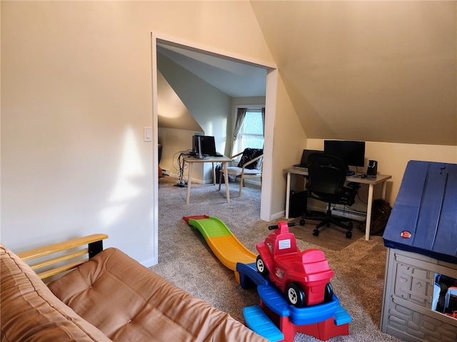 recreation room featuring lofted ceiling and carpet