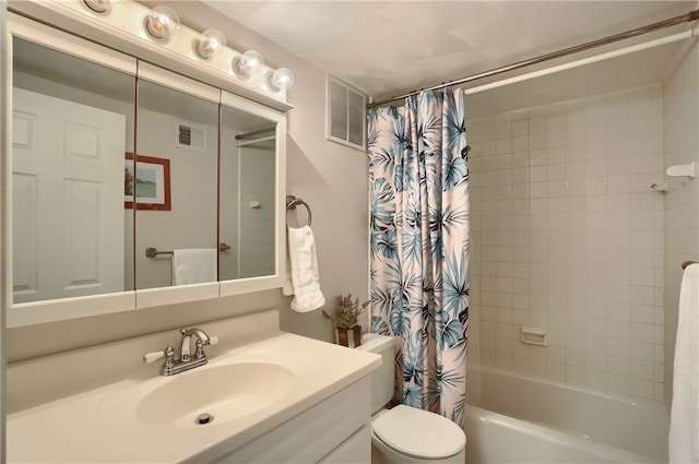 full bathroom featuring vanity, toilet, and shower / bathtub combination with curtain