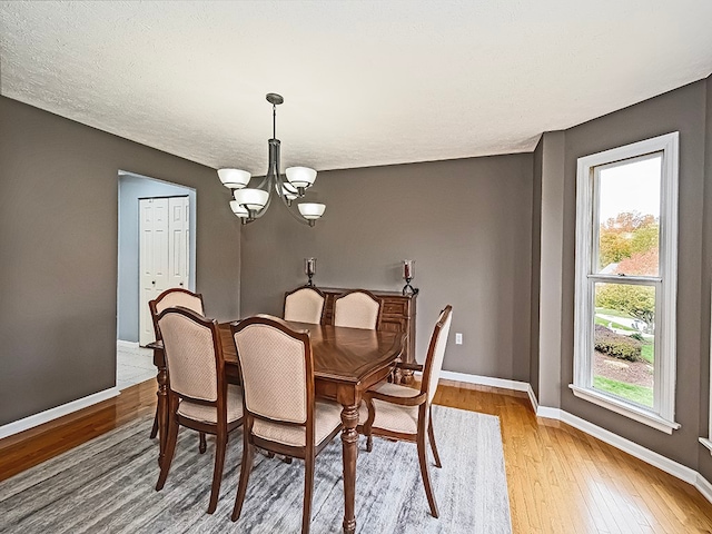 dining space featuring light hardwood / wood-style flooring, plenty of natural light, and a notable chandelier