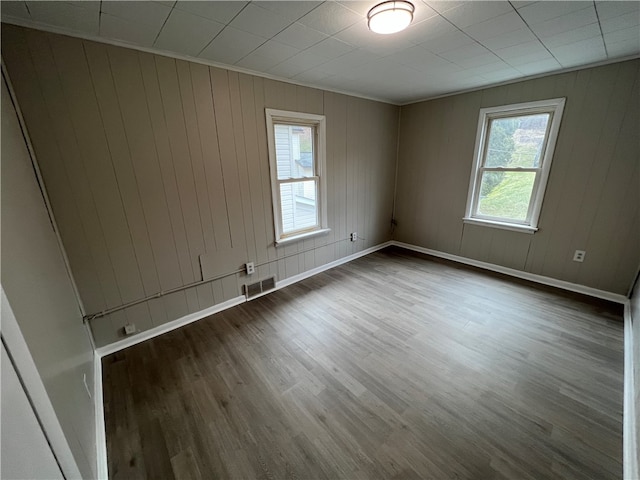 spare room with wooden walls and wood-type flooring