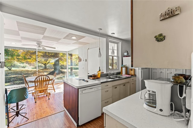 kitchen featuring white dishwasher, sink, light hardwood / wood-style flooring, and ceiling fan