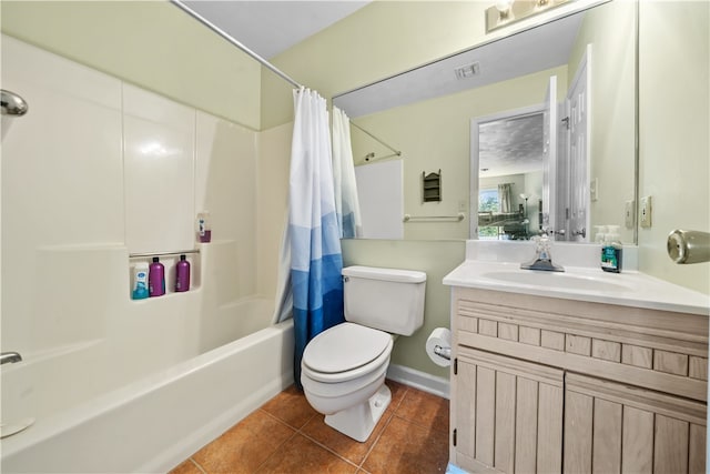 full bathroom with vanity, toilet, shower / tub combo, and tile patterned flooring