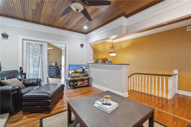 living area with wooden ceiling, crown molding, ceiling fan, and wood finished floors