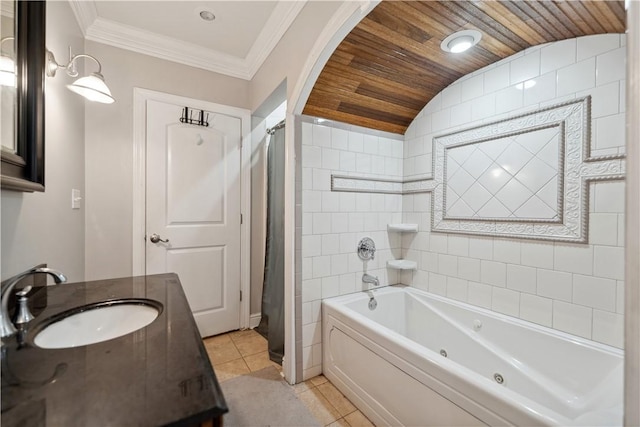 full bathroom featuring tile patterned flooring, crown molding, and vanity