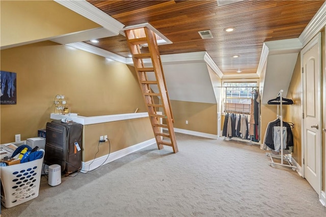 additional living space with wood ceiling, baseboards, carpet flooring, and recessed lighting