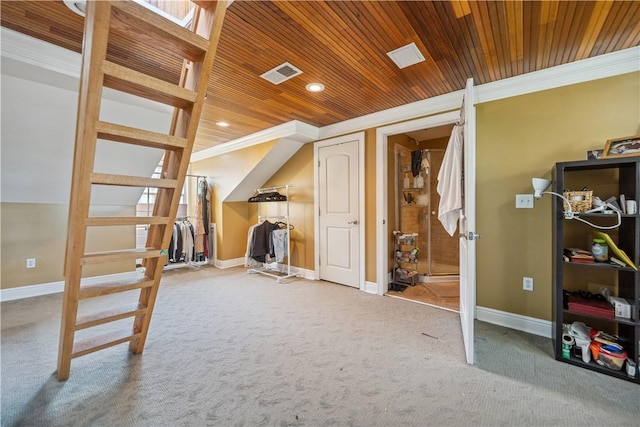 bonus room featuring carpet floors, wooden ceiling, visible vents, and baseboards