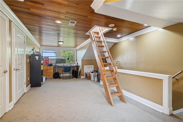 interior space featuring carpet floors, recessed lighting, wooden ceiling, and baseboards