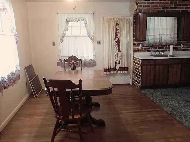 dining area featuring sink and dark wood-type flooring