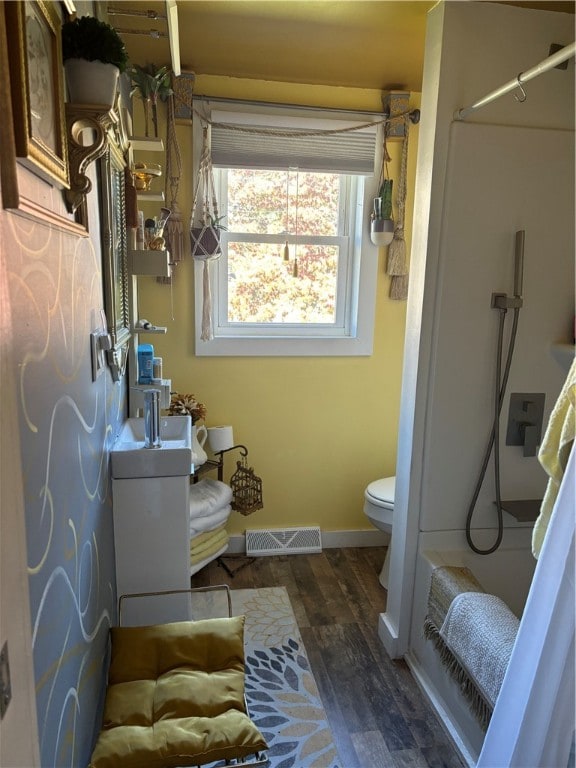 bathroom featuring toilet, hardwood / wood-style flooring, and vanity