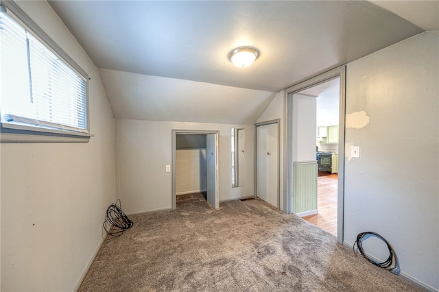 additional living space featuring vaulted ceiling and carpet