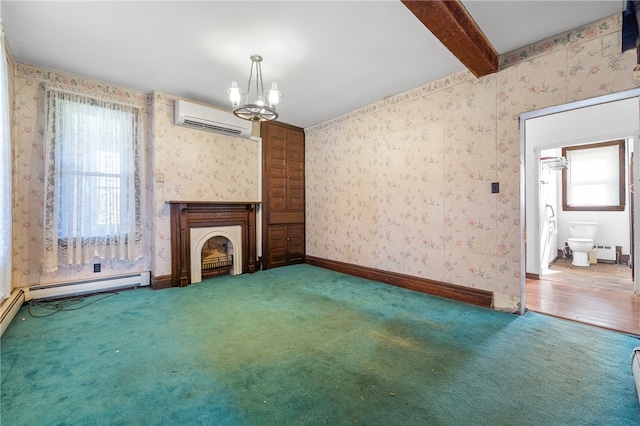 unfurnished living room featuring a wall mounted AC, beamed ceiling, carpet flooring, and plenty of natural light