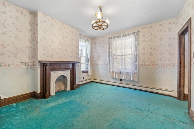 unfurnished living room featuring a chandelier, carpet floors, and baseboard heating