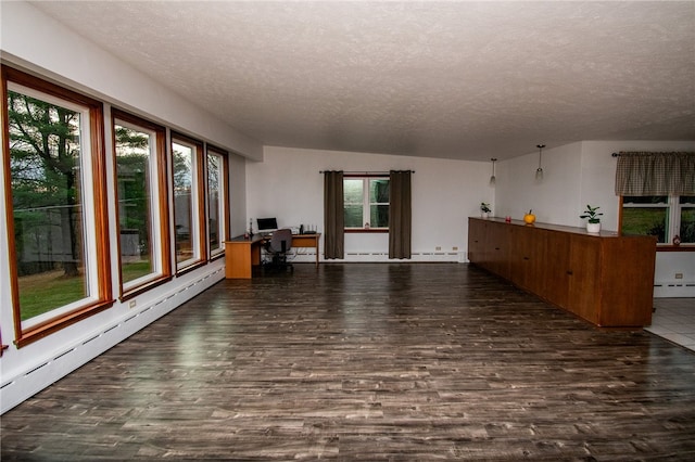 interior space with a textured ceiling, dark hardwood / wood-style floors, and a baseboard heating unit