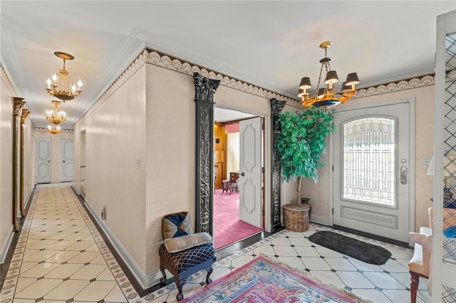 foyer featuring an inviting chandelier and ornamental molding