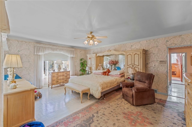 bedroom with ceiling fan and crown molding