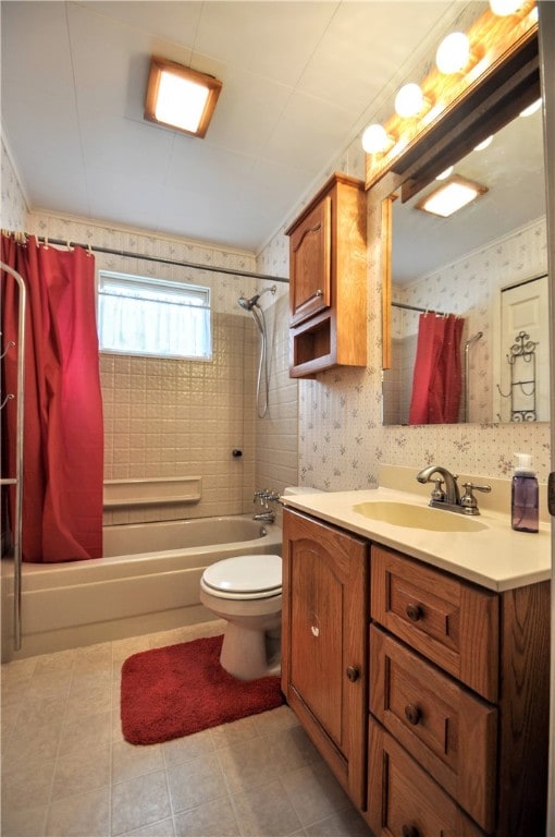 full bathroom with vanity, shower / bath combination with curtain, toilet, and tile patterned flooring