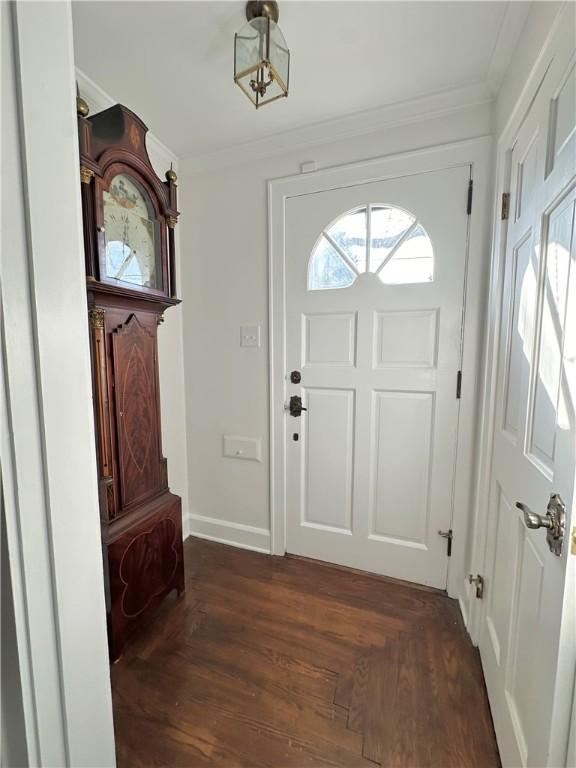 entryway featuring dark wood-type flooring and crown molding