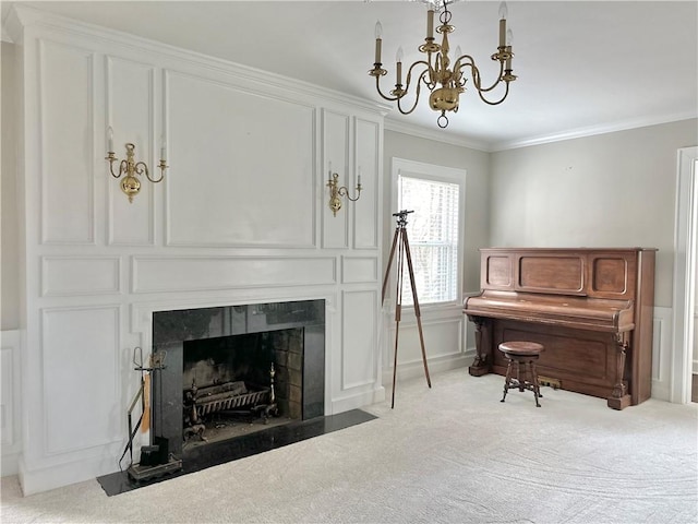 miscellaneous room with a notable chandelier, light colored carpet, a high end fireplace, and ornamental molding