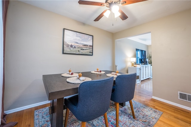 dining space featuring ceiling fan and light wood-type flooring