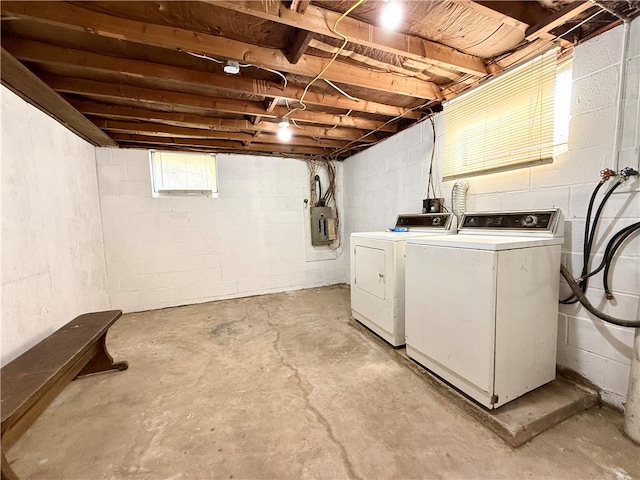 washroom with electric panel and washer and clothes dryer