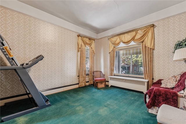 living area featuring dark carpet and radiator