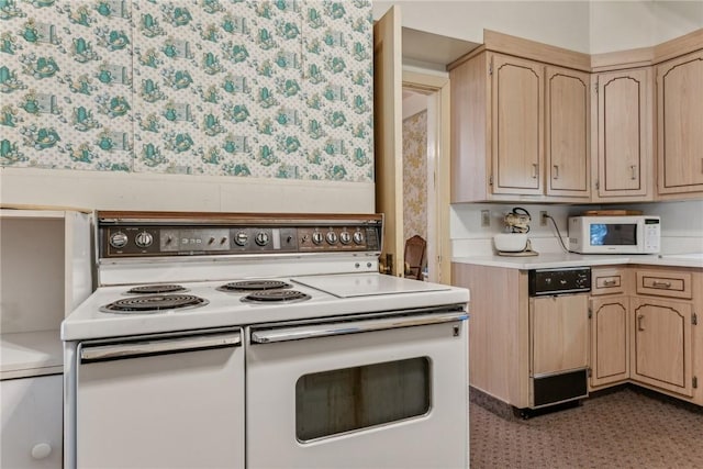 kitchen with light brown cabinetry and white appliances