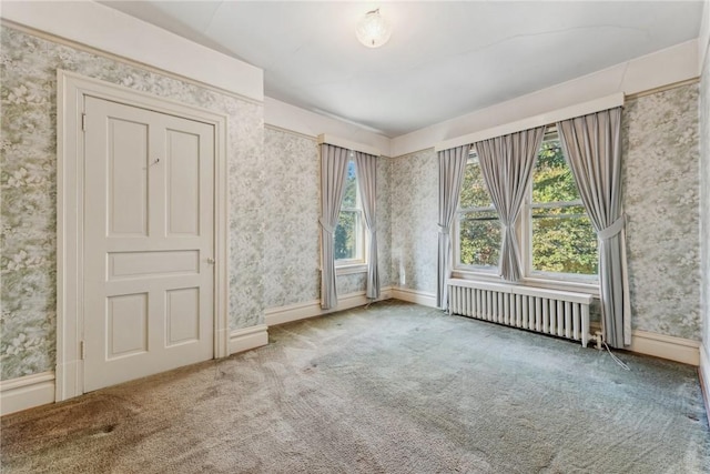 spare room with radiator heating unit and carpet flooring