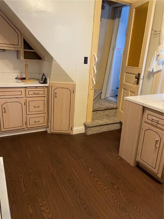 interior space featuring dark hardwood / wood-style floors and light brown cabinets