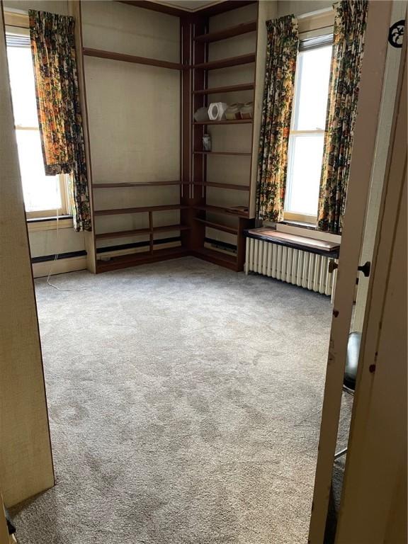 empty room with carpet floors, radiator, and a healthy amount of sunlight