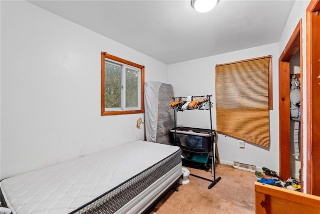 bedroom featuring light colored carpet