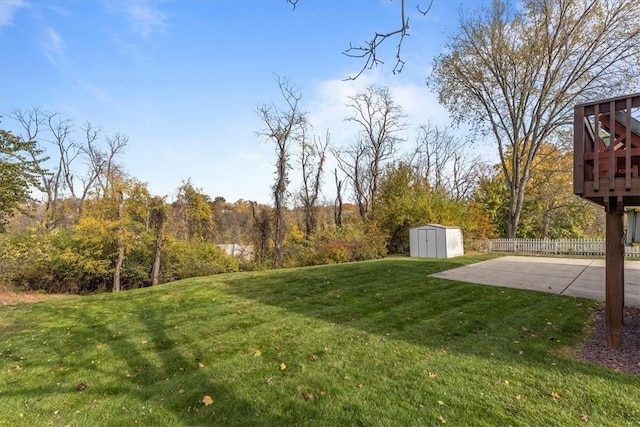 view of yard with a patio area, a deck, and a shed