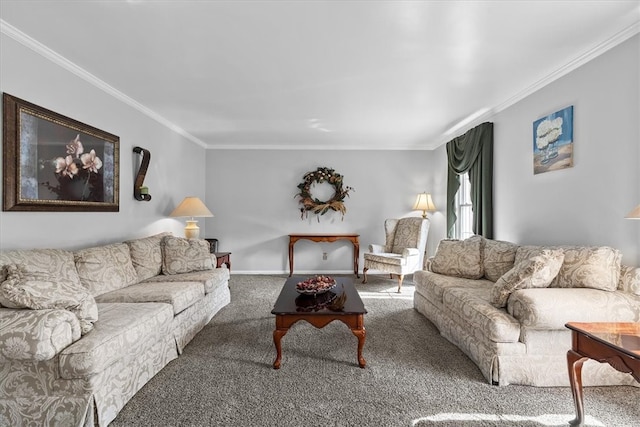 carpeted living room featuring ornamental molding