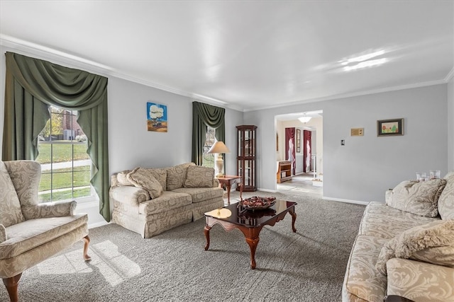 carpeted living room featuring crown molding