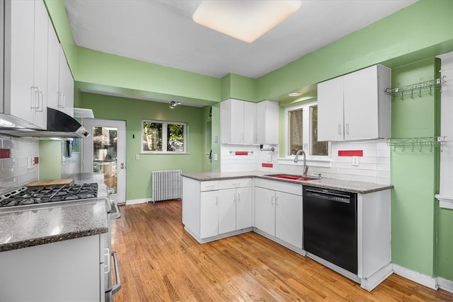 kitchen with dishwasher, white cabinets, sink, and radiator heating unit