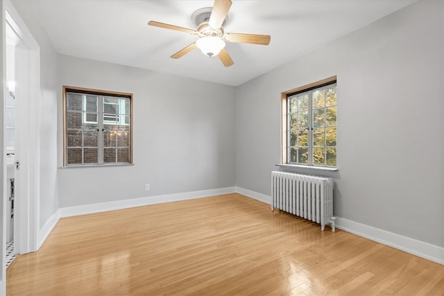 spare room with light hardwood / wood-style flooring, radiator heating unit, and ceiling fan