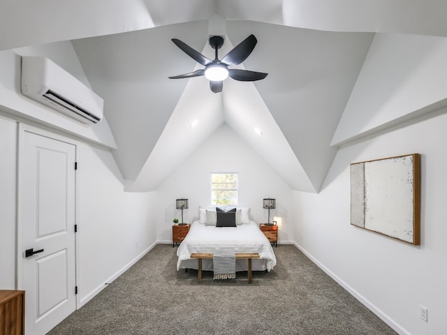 carpeted bedroom with a wall mounted AC, lofted ceiling, and ceiling fan