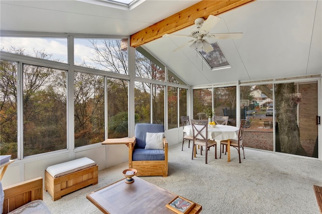 sunroom / solarium with a healthy amount of sunlight, lofted ceiling with beams, and ceiling fan