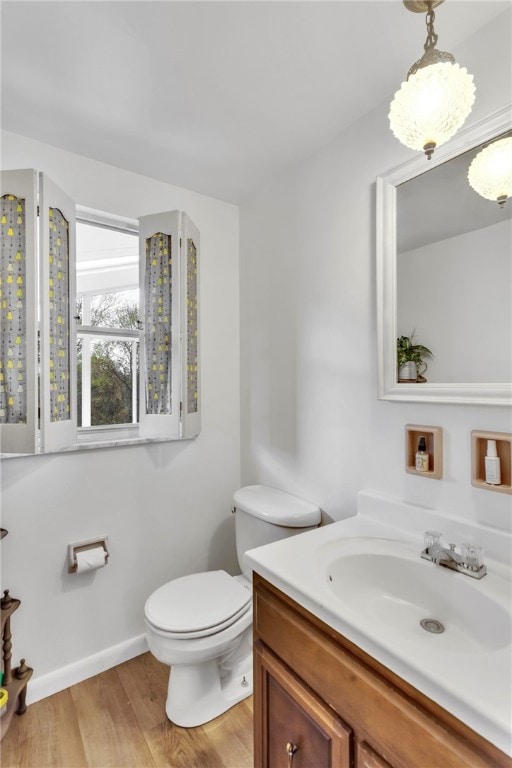 bathroom with vanity, hardwood / wood-style floors, and toilet