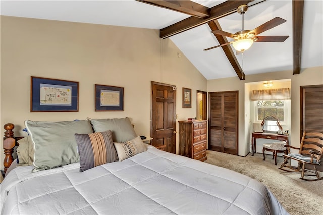 carpeted bedroom featuring beam ceiling, high vaulted ceiling, and ceiling fan