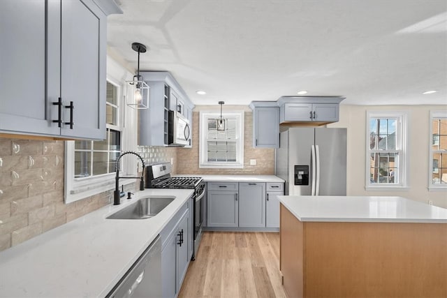 kitchen with sink, pendant lighting, appliances with stainless steel finishes, light hardwood / wood-style floors, and tasteful backsplash