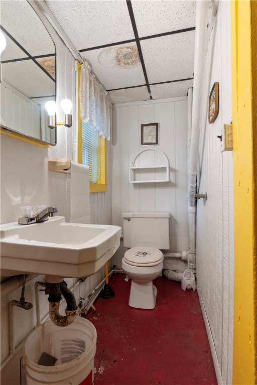 bathroom featuring toilet and a drop ceiling