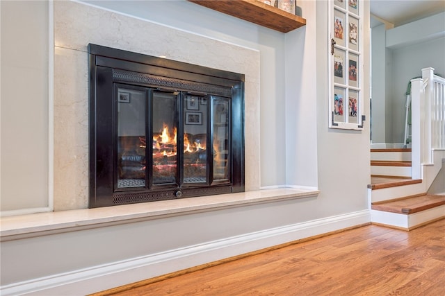 interior details featuring hardwood / wood-style floors and a high end fireplace