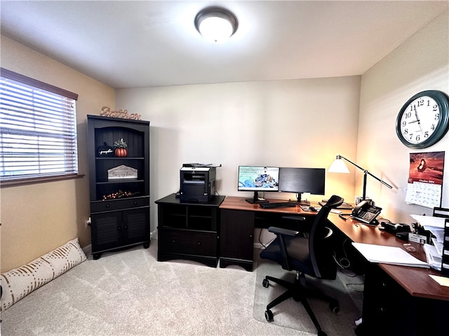 office area featuring light colored carpet