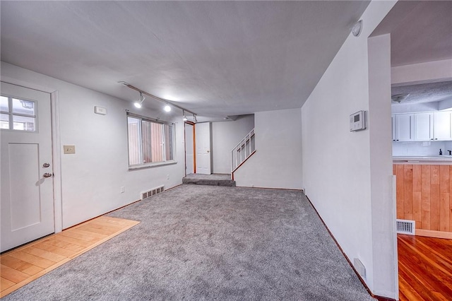 entryway with carpet floors and track lighting