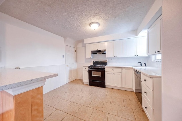 kitchen featuring black range with gas cooktop, white cabinetry, a textured ceiling, dishwasher, and kitchen peninsula